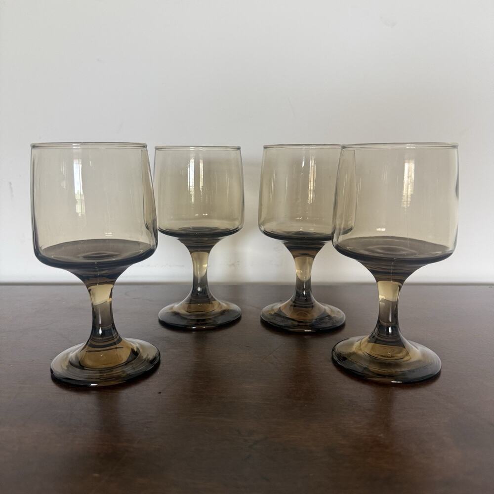 Libbey Smoky Brown Wine Goblets Set 4 Tawny Accent 8oz Vintage Retro Barware MCM